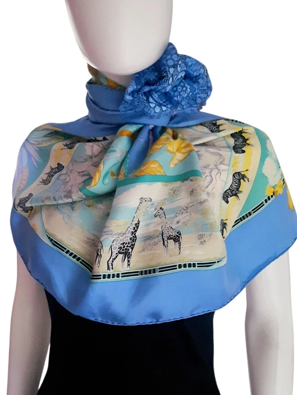 Vintage HERMÈS Tropiques Silk Twill Scarf 90cm Blue/Multi (Altered/Trim Added) - Picture 4 of 16